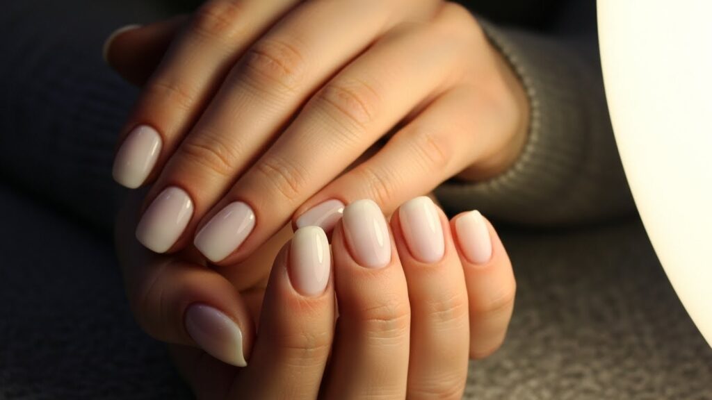 Milky white short winter nails with glossy finish