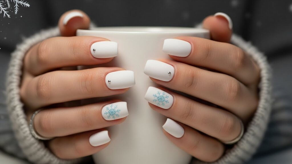 Matte white short winter nails with modern finish