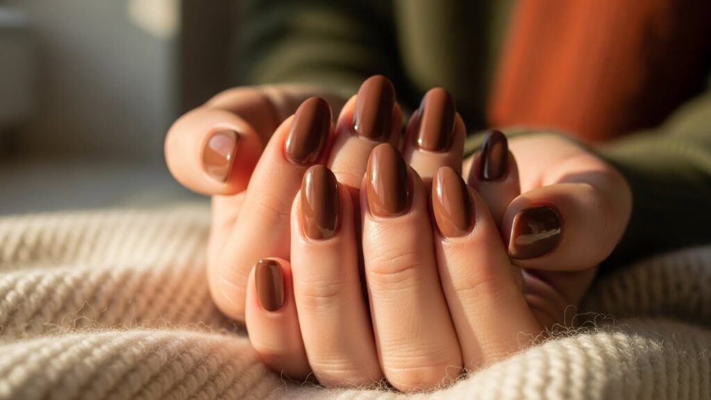 Mocha brown short winter nails in cozy tones