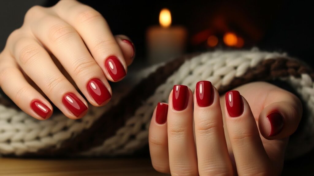 Berry red short winter nails with glossy finish