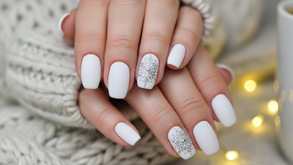 Snowflake accent short winter nails