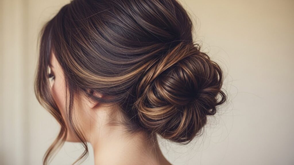 Loose textured messy bun hairstyle for long hair
