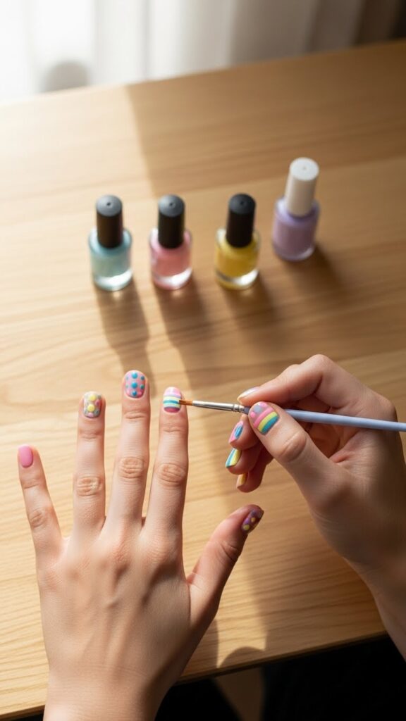 DIY easy nail designs at home, natural nails, simple tools, pastel nail polish, casual home setting, bright natural light
