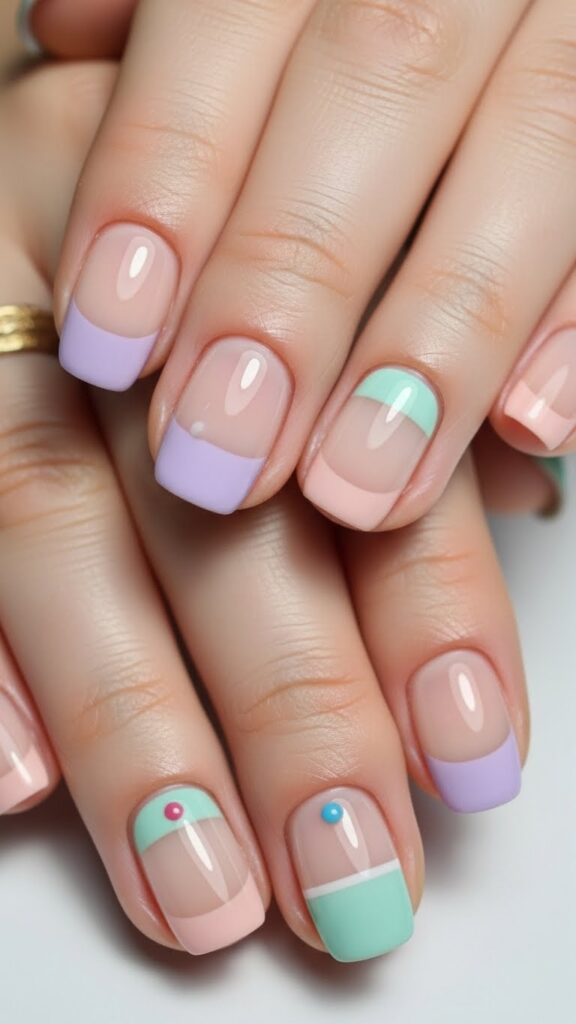 Close-up of short natural nails with simple easy nail designs, nude and pastel colors, clean minimalist style, soft lighting, beginner-friendly look