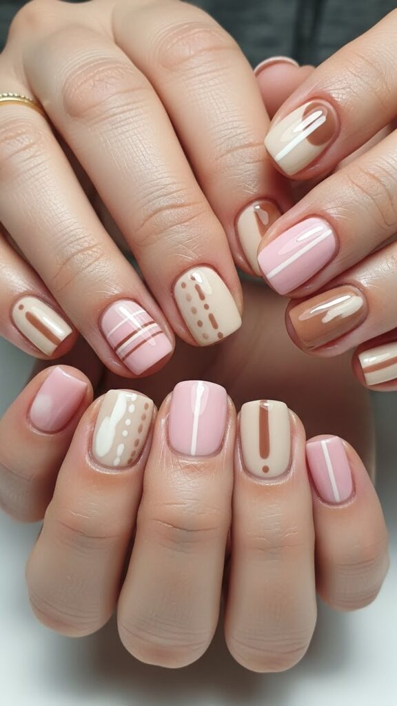 Simple everyday nail designs with soft pink, beige, and light brown shades, natural nails, minimal nail art, modern aesthetic