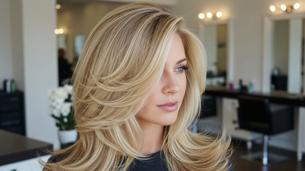 Long layered blonde haircut with side bangs