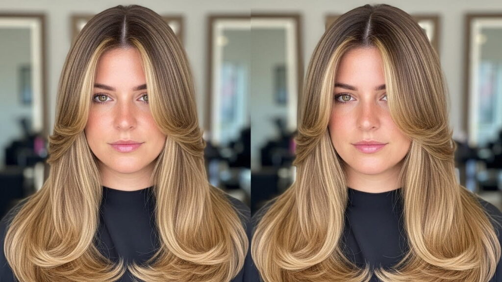 Honey blonde long layered haircut with face framing layers