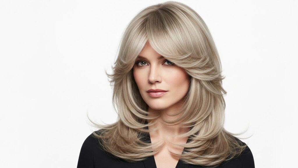 Long layered blonde hair with curtain bangs