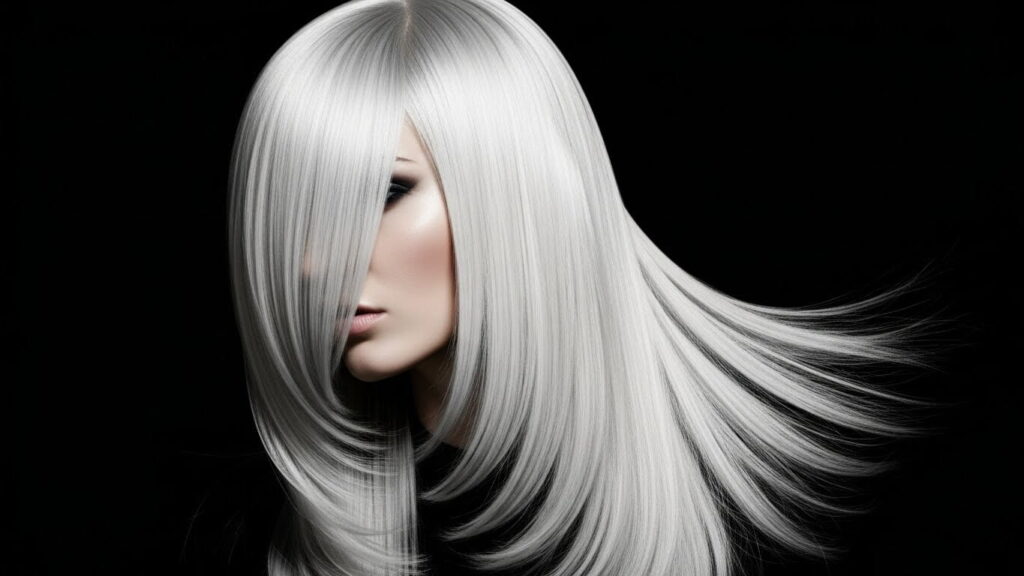 Long layered blonde haircut with side bangs