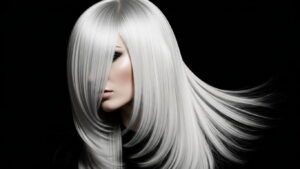 Long layered blonde haircut with side bangs