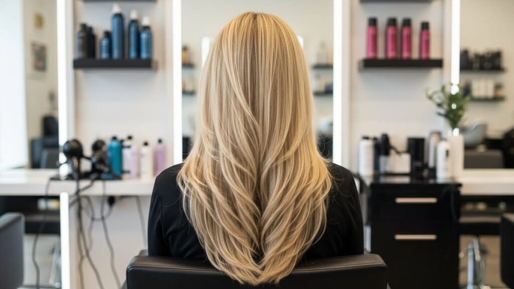 V cut long layered blonde haircut