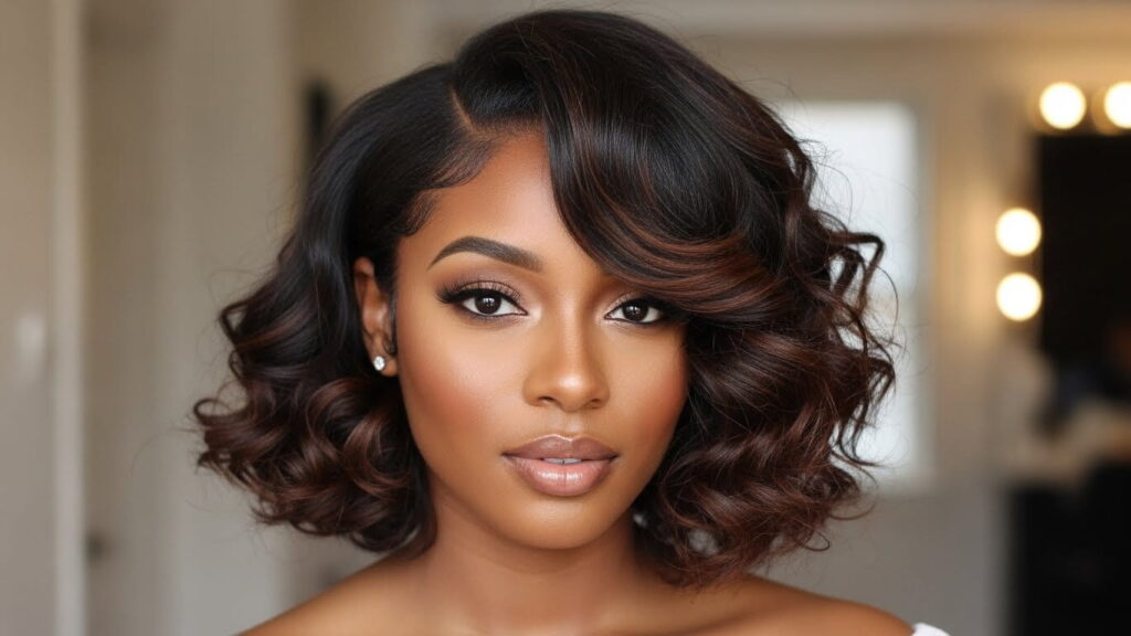 Side-part curly bob hairstyle for Black women