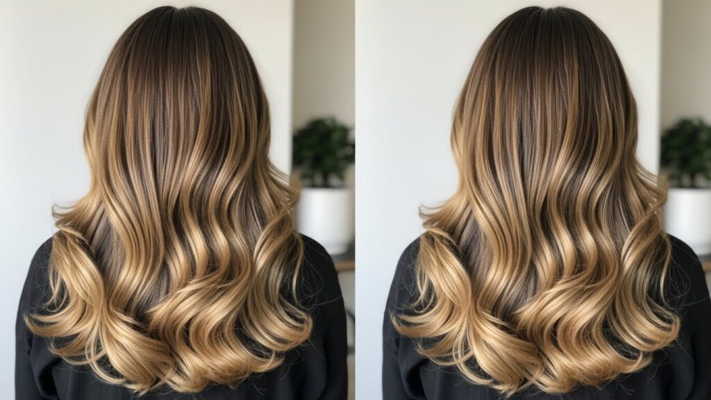 Clip-in hair extensions adding instant length to long wavy hair