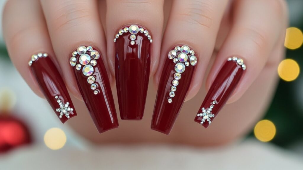 Wine Red Coffin Nails with Rhinestones