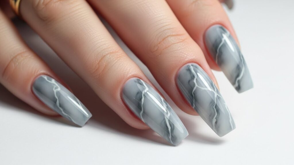 Grey Marble Coffin Nails